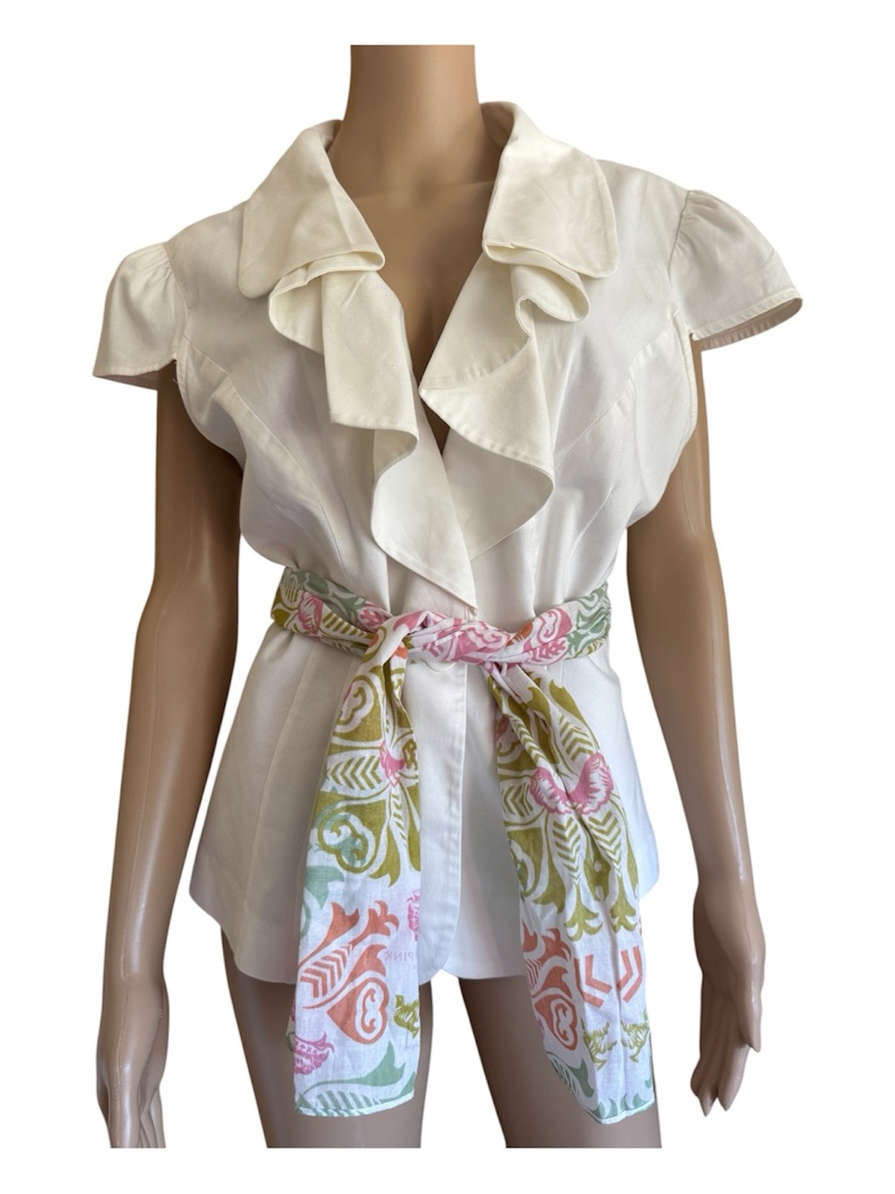 D.F.A. New York Off White Ruffle-Front Cap Sleeve Blouse with Patterned Tie Belt